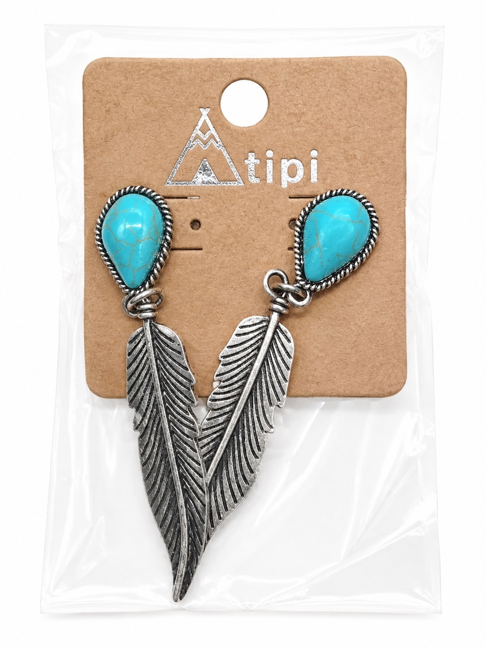 Atipi Turquoise Feather Dangle Earrings Silver Tone Boho Western NWT